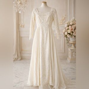 Vintage William Cahill Boho Lace Wedding Dress Stunning Hi Low Gown Train